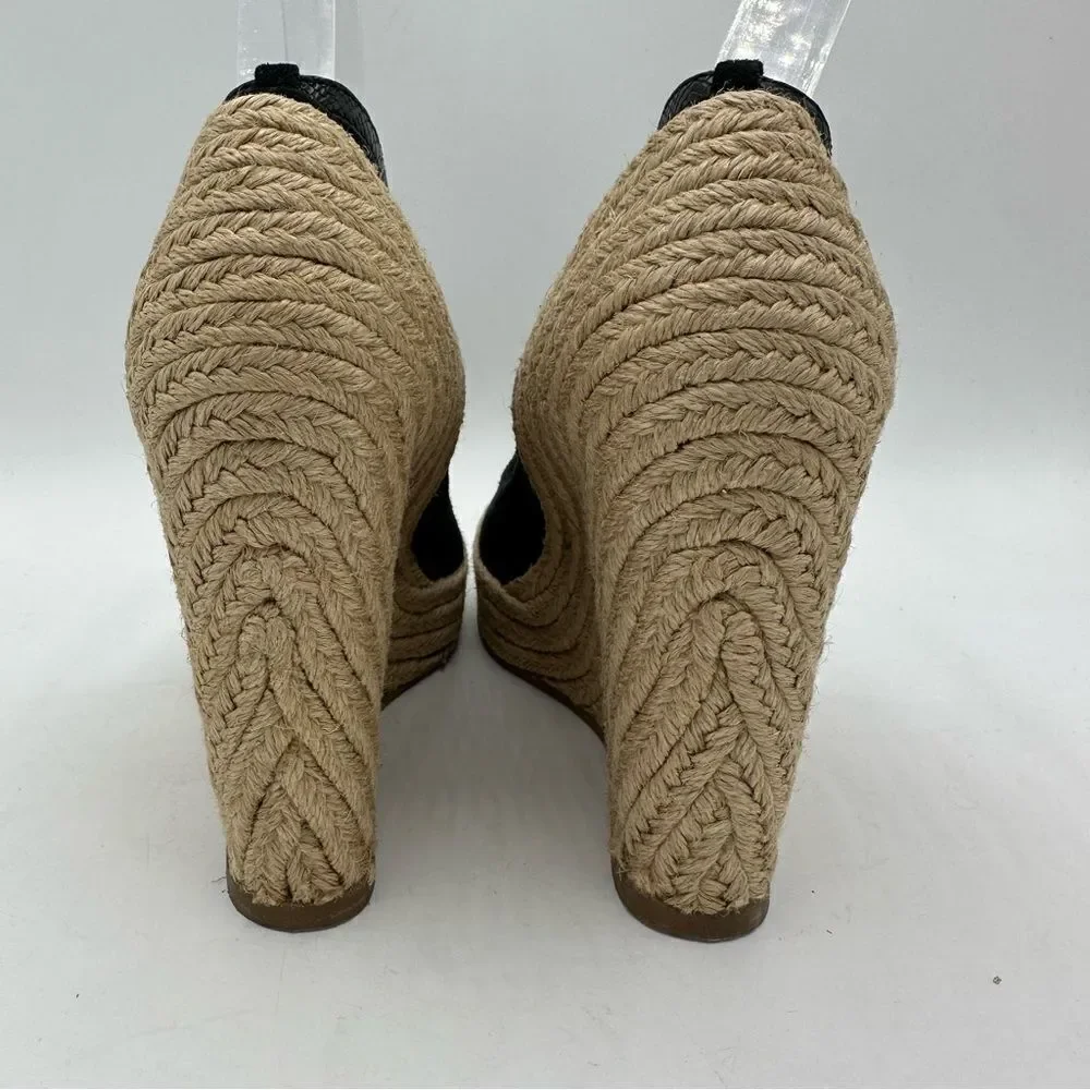 JEAN-MICHEL CAZABAT Black Suede Peep-Toe Espadrille Wedges Sz 37.5 ‎ US 7